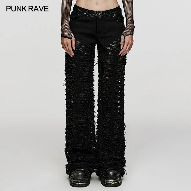 

PUNK RAVE Women's Punk Decadent Twill Mesh Loose Black Trousers Handsome Cool Personalized Ripped Streetwear Women Pants