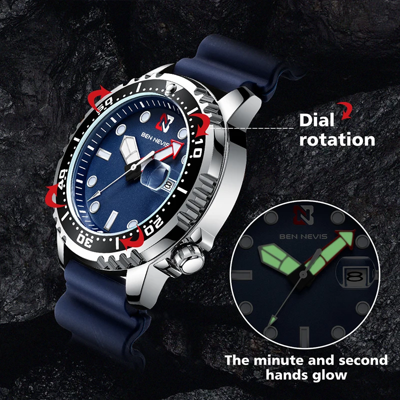 44mm BEN NEVIS Sports Quartz Wristwatch install Quartz Movement Luxury Silicone Strap Diving Water Ghost Style Men Watch