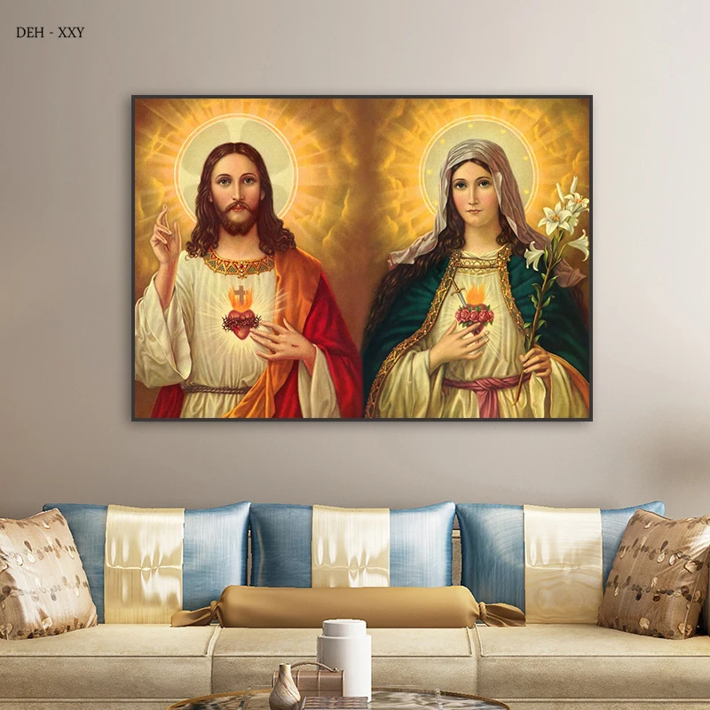 Mary and Jesus Sacred Heart Poster Prints HD Canvas Painting Catholic Fresco Christianity Wall Art Pictures Living Room Decor