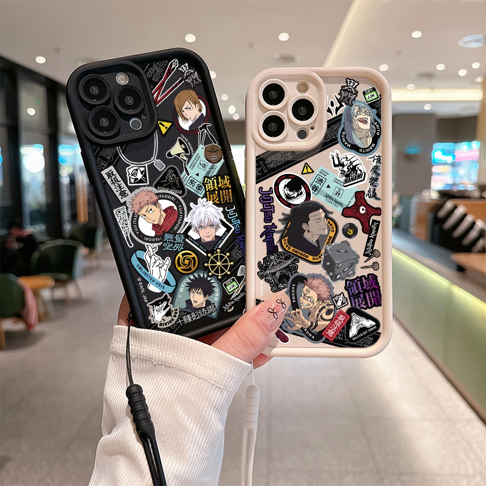 Anime Jujutsu Kaisen Phone Case for IPhone 15 14 13 12 11 Pro Max Mini XR XS X 7 8 Plus Soft TPU Back Cover With Hand Strap