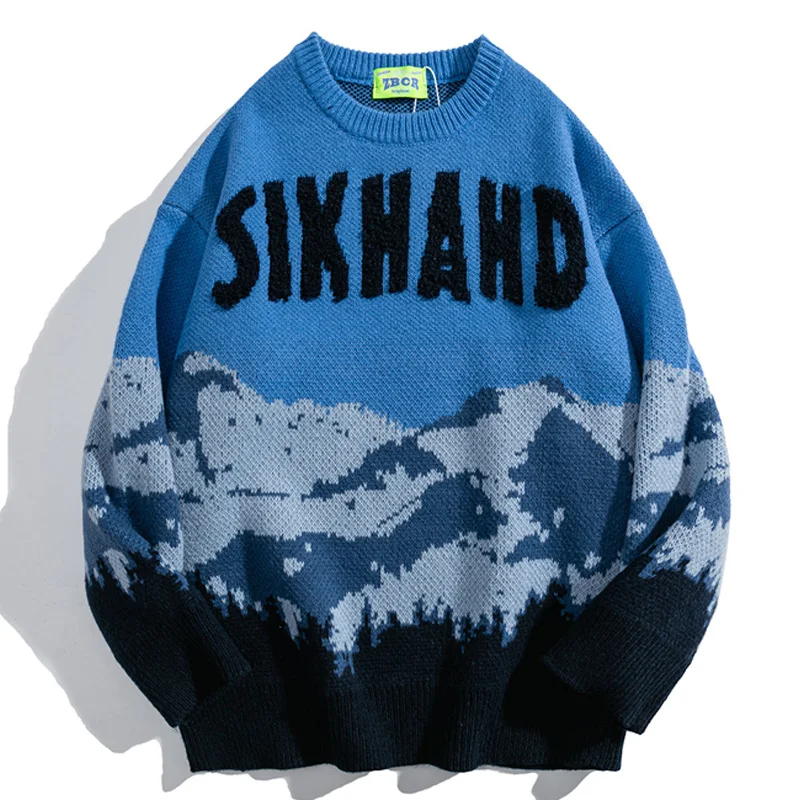 Snow Mountain Jacquard Sweater Men Woman Harajuku Retro Letter Flocking Knitted Jumper Fall Couple Tie Dye Casual Loose Pullover