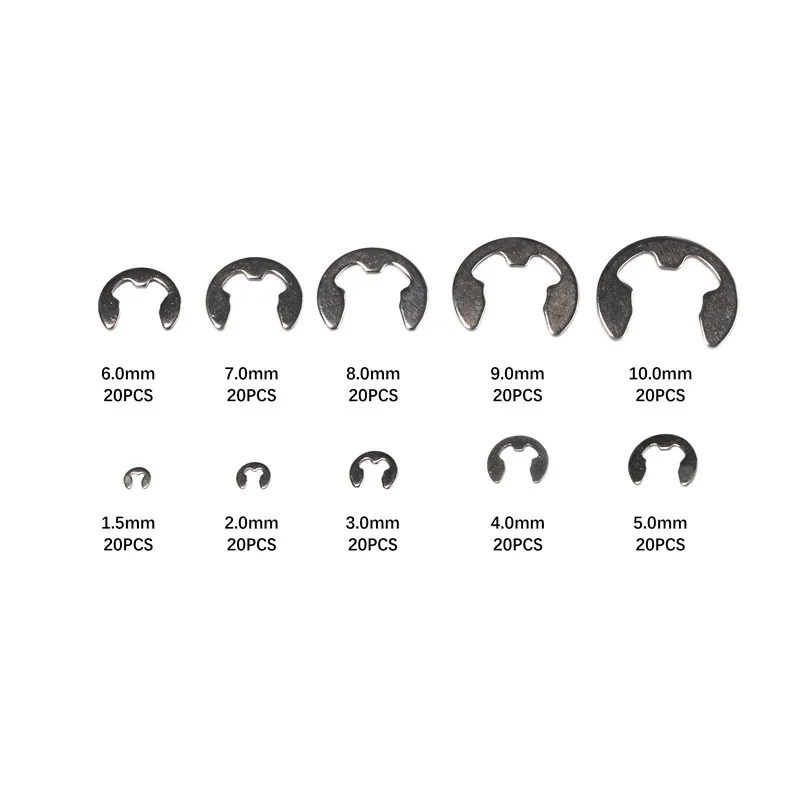 120/200/550pcs E-clips Ring Snap Retaining Circlip Kit Stainless Steel Carbon Steel E Type Clip Washers 1.5/2/3/4/5/6/7/8/9/10mm