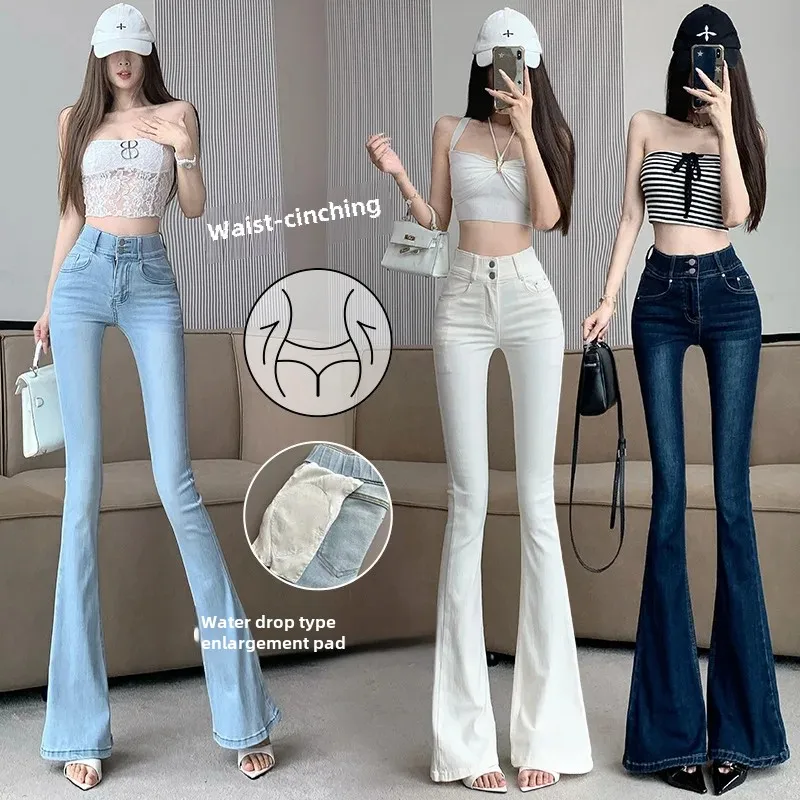 Korean-Style Pure Desire Waist-Hugging Jeans With Built-In Hip Pads High-Waisted Stretchy Micro Bell Bottom Pants Denim Trousers