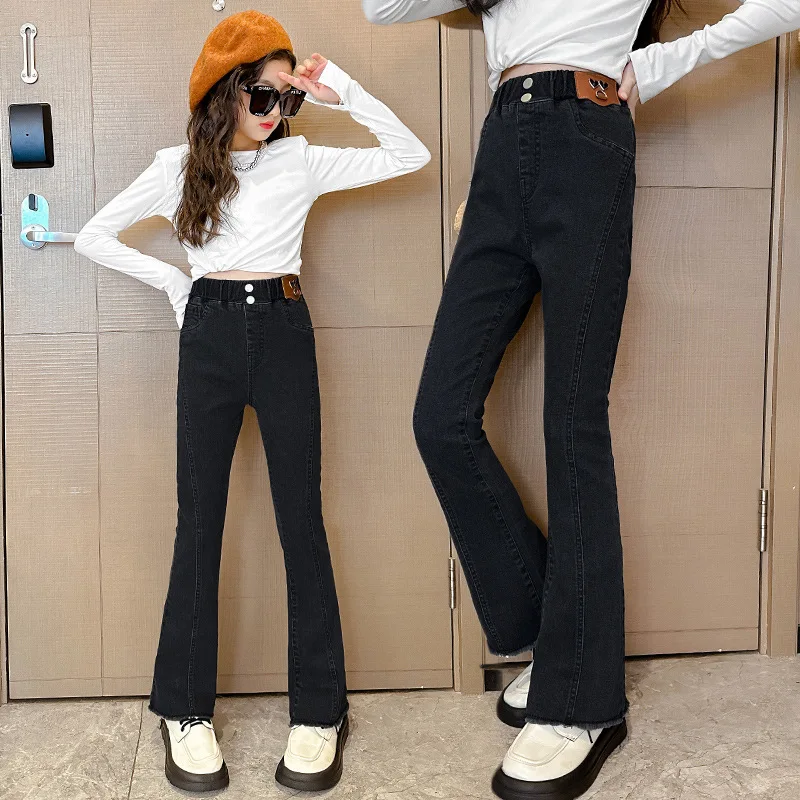 New Spring Autumn Teens Girl Clothes Denim Jeans Fashion Patchwork Harajuku Tight Flared Pants Child Elastic Waist Trousers