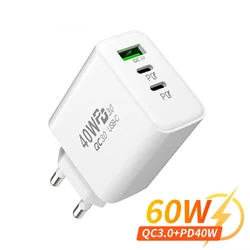 Cargador USB de carga rápida PD, adaptador de pared con 3 puertos, enchufe europeo y estadounidense, para iPhone 14, 13, Xiaomi, Huawei, Samsung, 60W