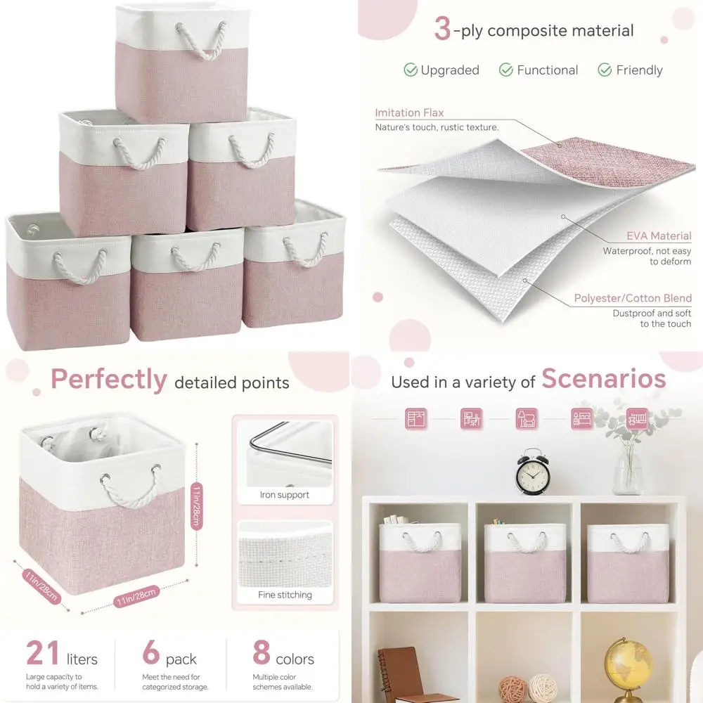 

6-Pack 11x11 Inch Cotton-Handled Cube Storage Bins for Closets, Shelves, and Laundry in White/Pink