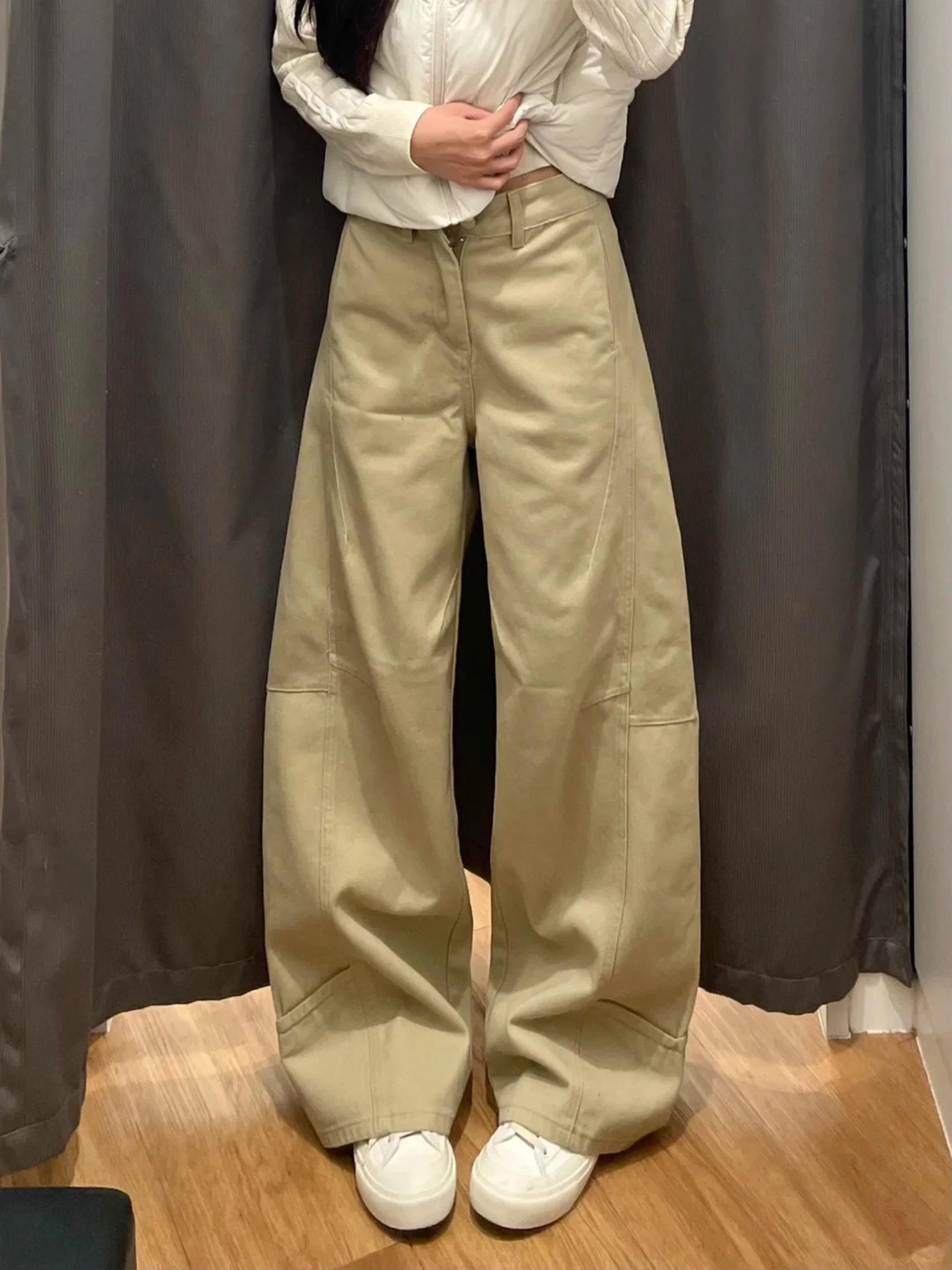 

Khaki Wide Leg Straight Cut Jeans Women's Summer Trendy Loose Slimming Long Trousers American Style Natural Waist Zipper Casual