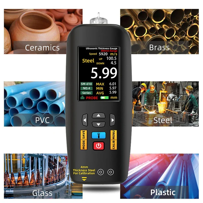 MALL 超音波厚さ計、カラー表示付き 1-300 mm 範囲、金属鋼銀プラスチック PVC 測定用プローブ付き