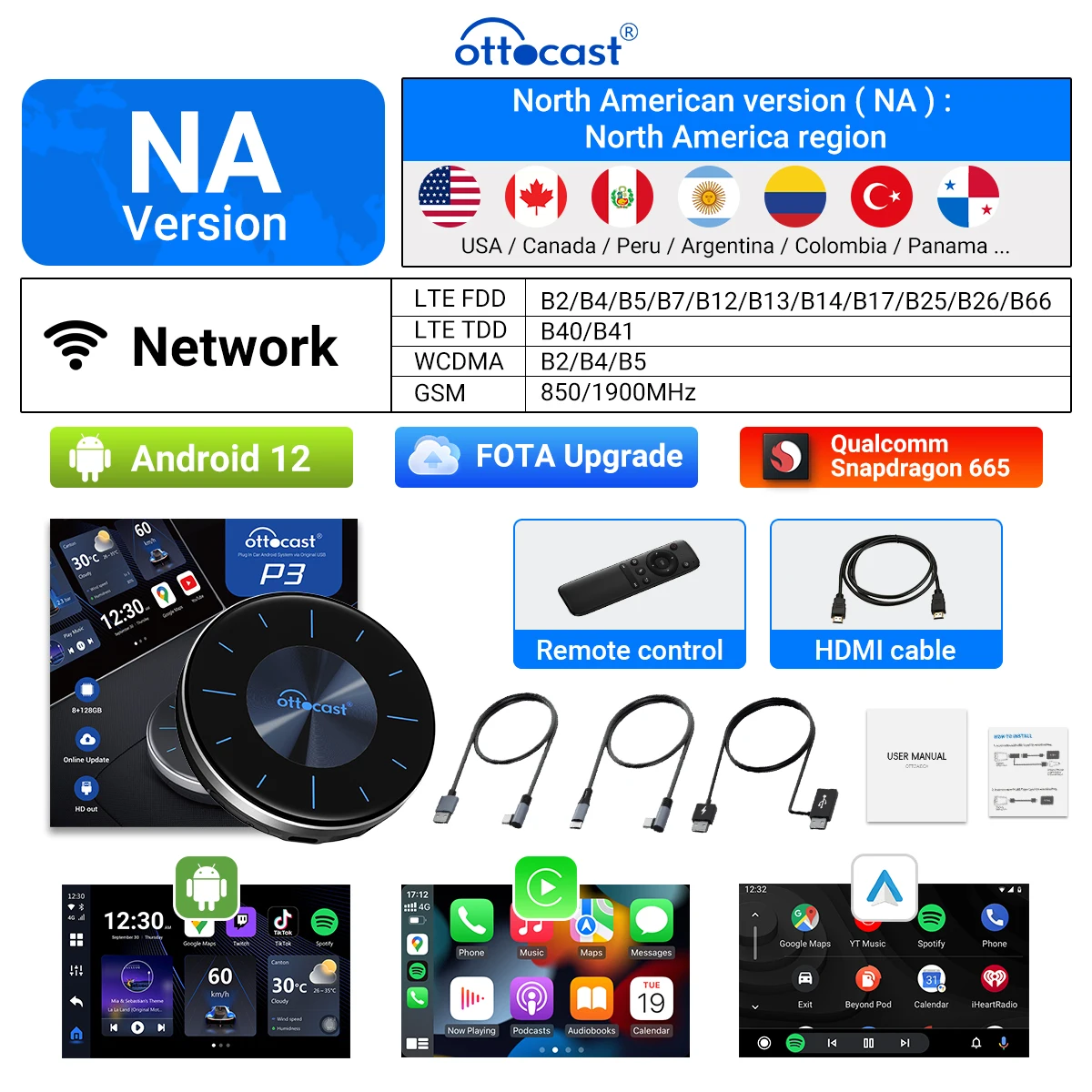 Ottocast P3 CarPlay Ai TV Box Draadloze Android Auto Car Play Adapter Voor Volvo Mercedes Audi Bedrade CarPlay Auto Of Play2Video Pro