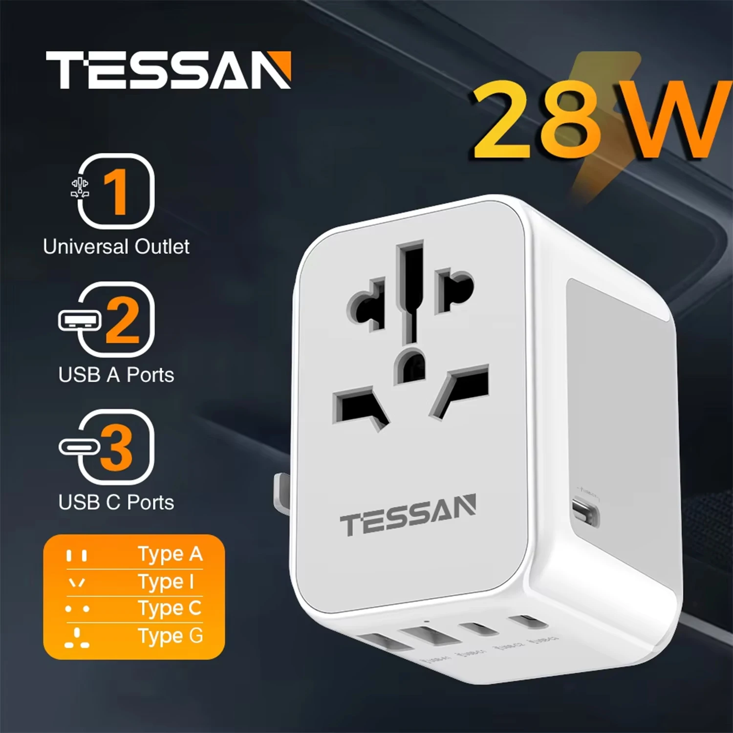 TESSAN 65W/28W GaN internationale reisadapter met USB & Type C GaN snellaadadapter met EU AU US UK stekker voor op reis