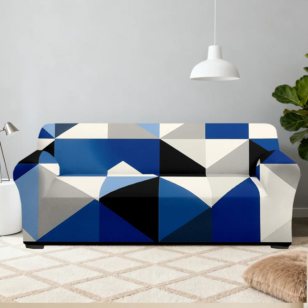 1 Stück Stretch-Sofabezug, Moderner Blauer Geometrischer Dreieck-Print Couchüberwurf für Wohnzimmer