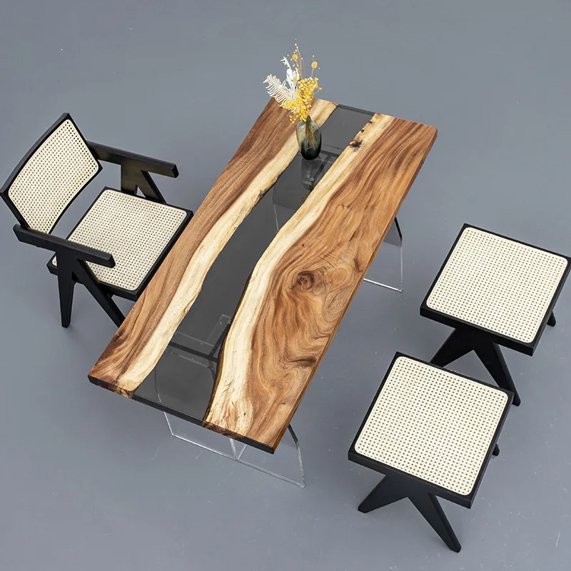 Epoxy resin river table creative wave white poplar wood net black teacountertop office desk
