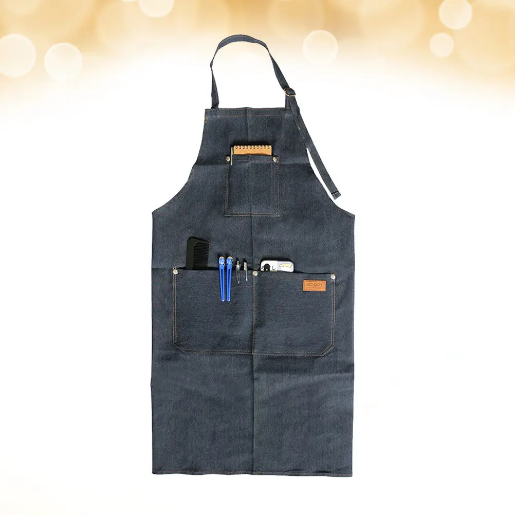 1Pcs Barber Apron Denim Unisex Sleeveless Halter Neck Work Apron with Pocket for Cooking Baking Salon Garden Cafe Restaurant