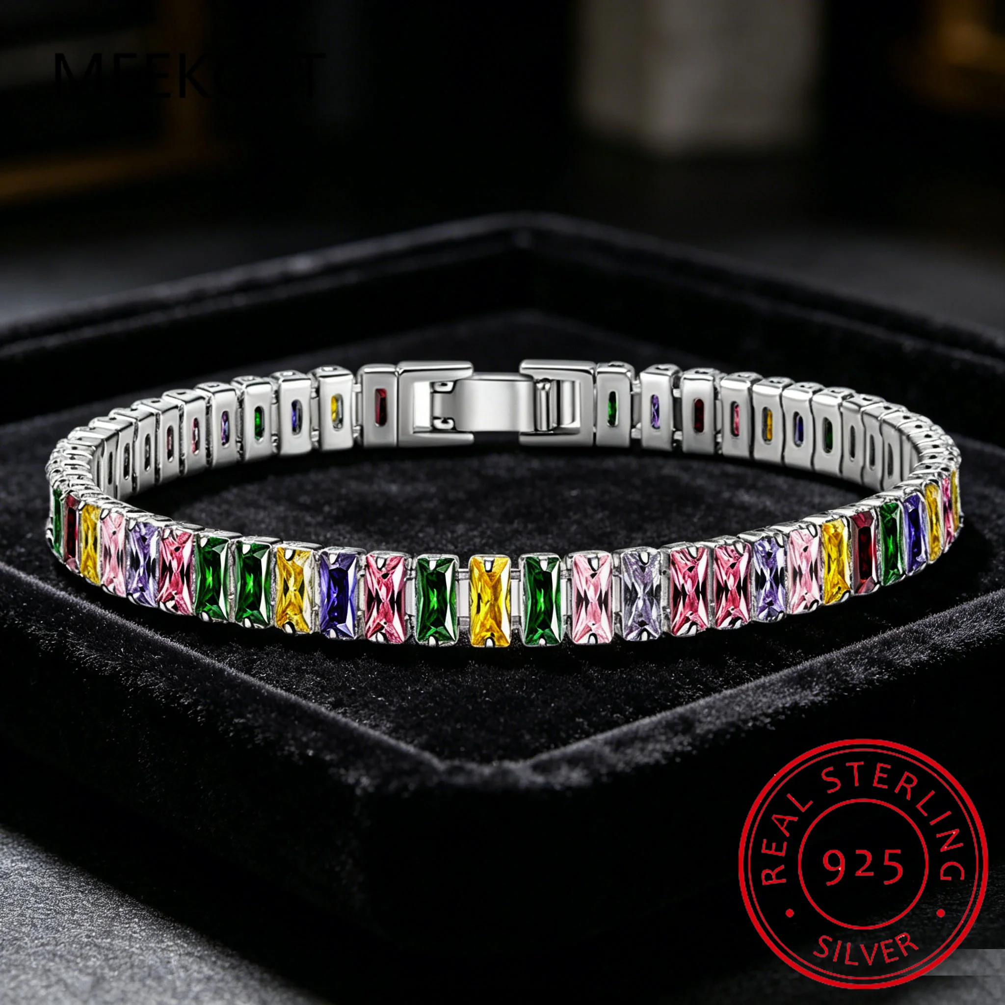 Pulseira Tennis de Moissanite Colorida com Lapidação Esmeralda e Rubi Esmeralda para Mulheres e Homens, em Prata Esterlina 925, Joia Fina