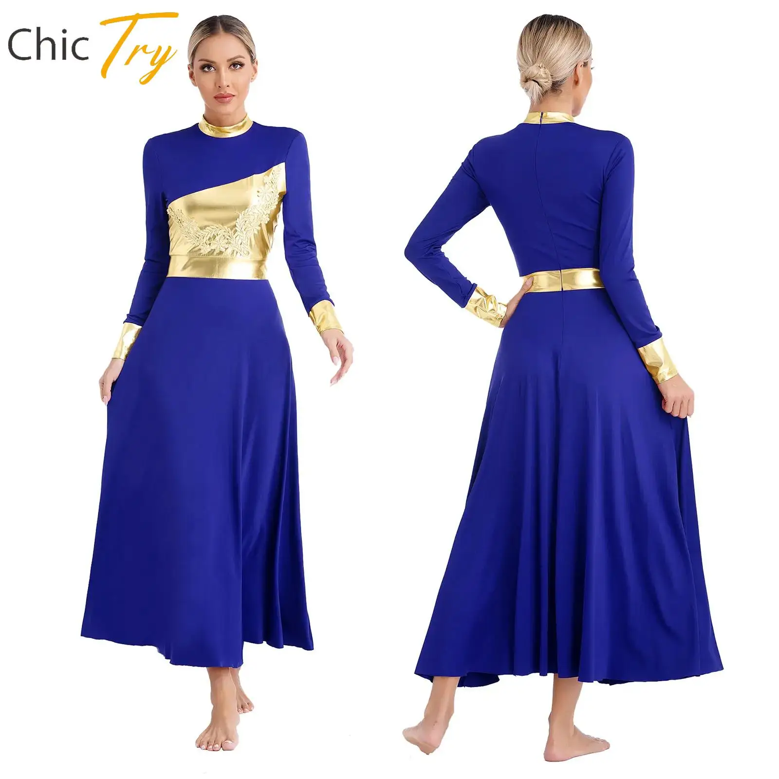 

Women Praise Liturgical Dance Dress Metallic Shiny Long Sleeve Applique Long Dresses Worship Lyrical Performance Party Costumes
