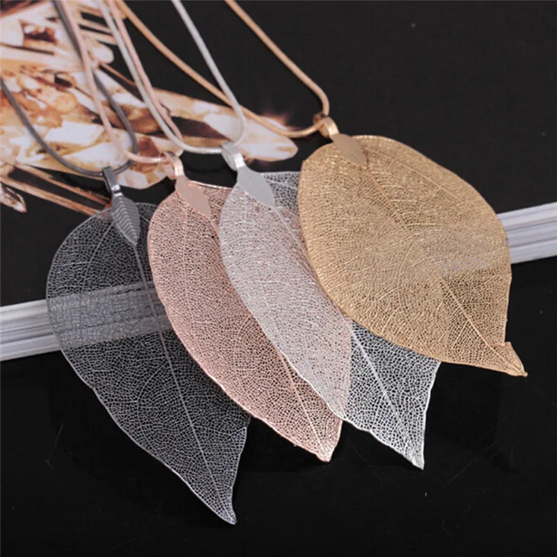 Fashion True Natural Real Leaves Leaf Pendant Necklace Long Sweater Snake Chain For Women Jewelry Gift