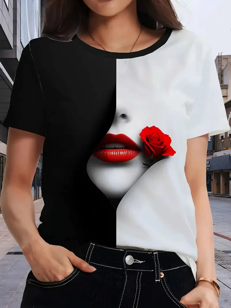 

Elegant 3D art facial print t-shirt for women's black and white short sleeved tops abstract design casual daily women's clothing
