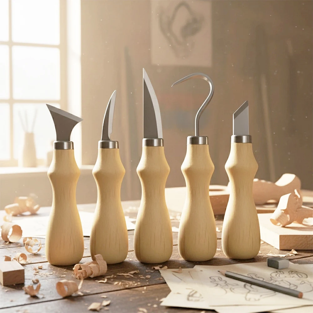 5pc Wood Carving Tools Set Oak Handle Curved Knife For Arts Crafts Tools For Hand Carving Wood Sharp Portable Natural Wood Color