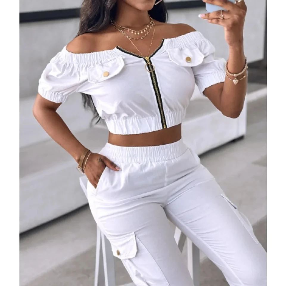 2025 Summer New Women's Clothing White One Shoulder Short Sleeve Patch Bag Top Set Casual Pants 2-piece Set