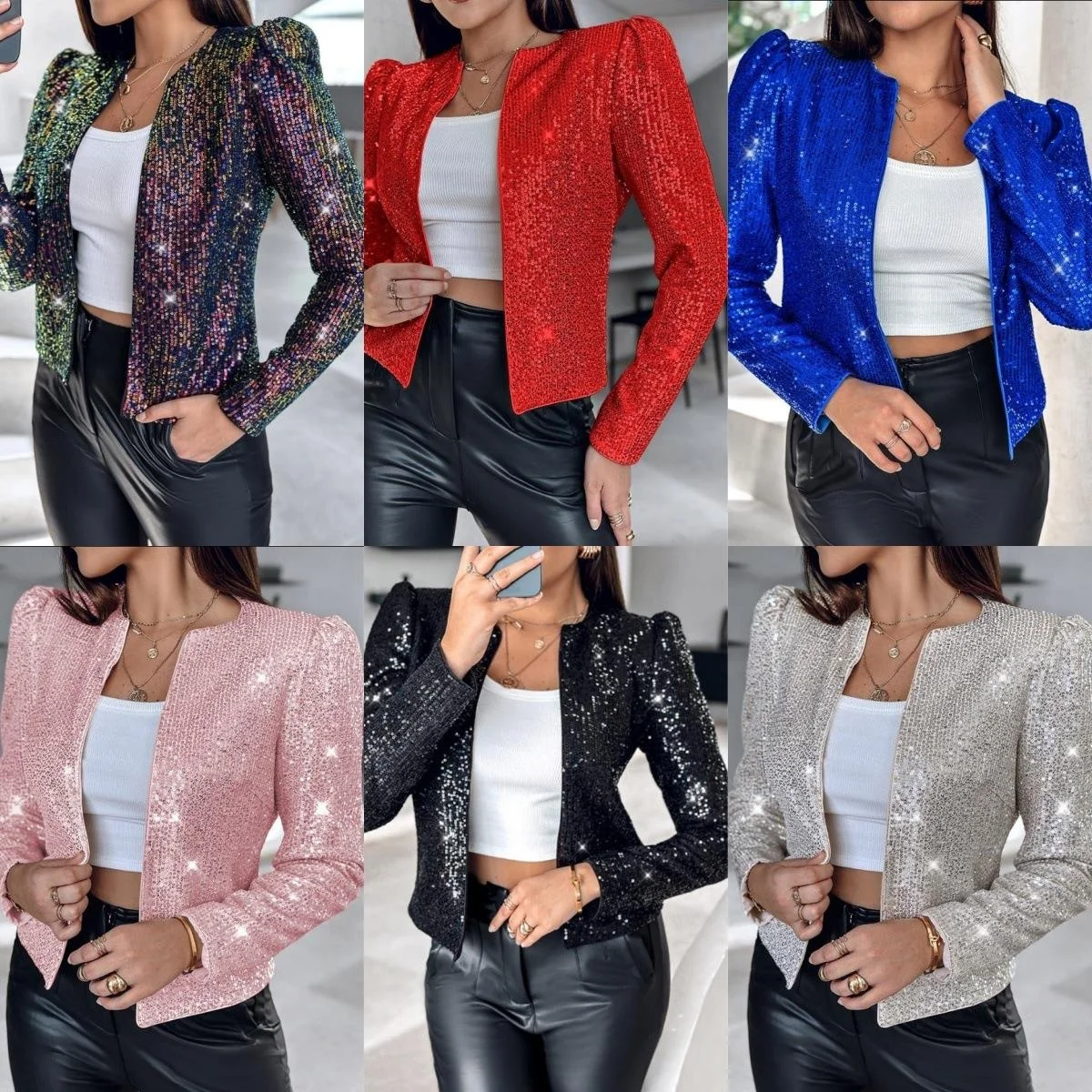 

Женский костюм с цветными блестками, приталенный, повседневный, деловой, из полиэстера, с длинными рукавами, круглым вырезом, однотонный