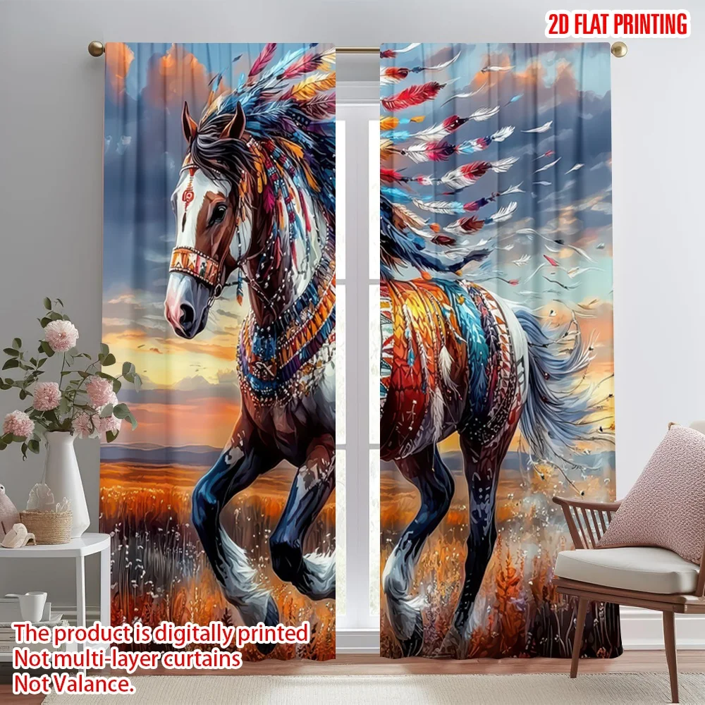 

2D flat printing 2pcs Curtains Colorful Feathered Horse(1) Digital Printed Polyester Drapes Festive Wall Decor Use for Oversized
