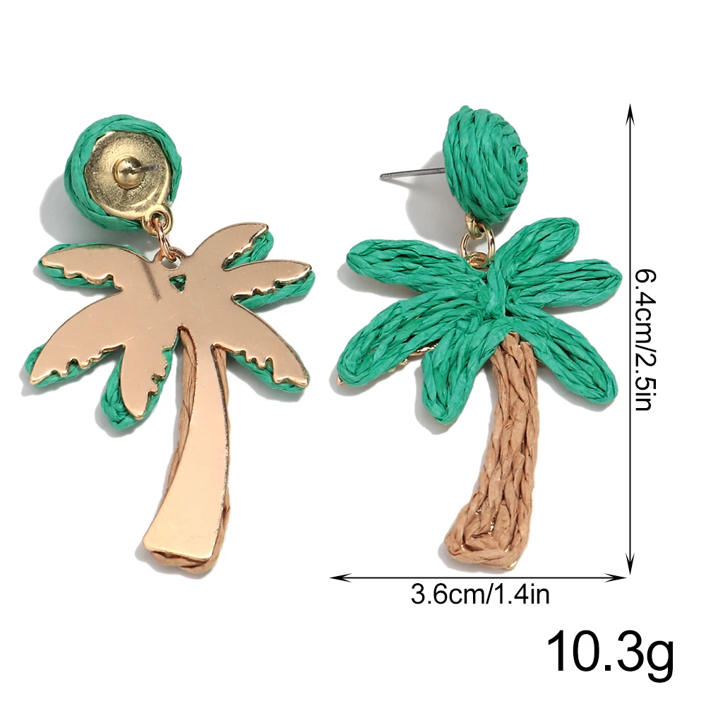 Bohemia Colorful Lafite Coconut Tree Drop Earrings for Women Summer Beach Plant Rattan Knit Hanging Earring Party Jewelry Gift
