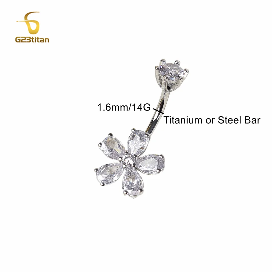 G23titan White Zircon Flower Titanium or Steel Belly Button Ring 1.6mm 14G Curved Barbell Navel Bar Piercing Women Body Jewelry