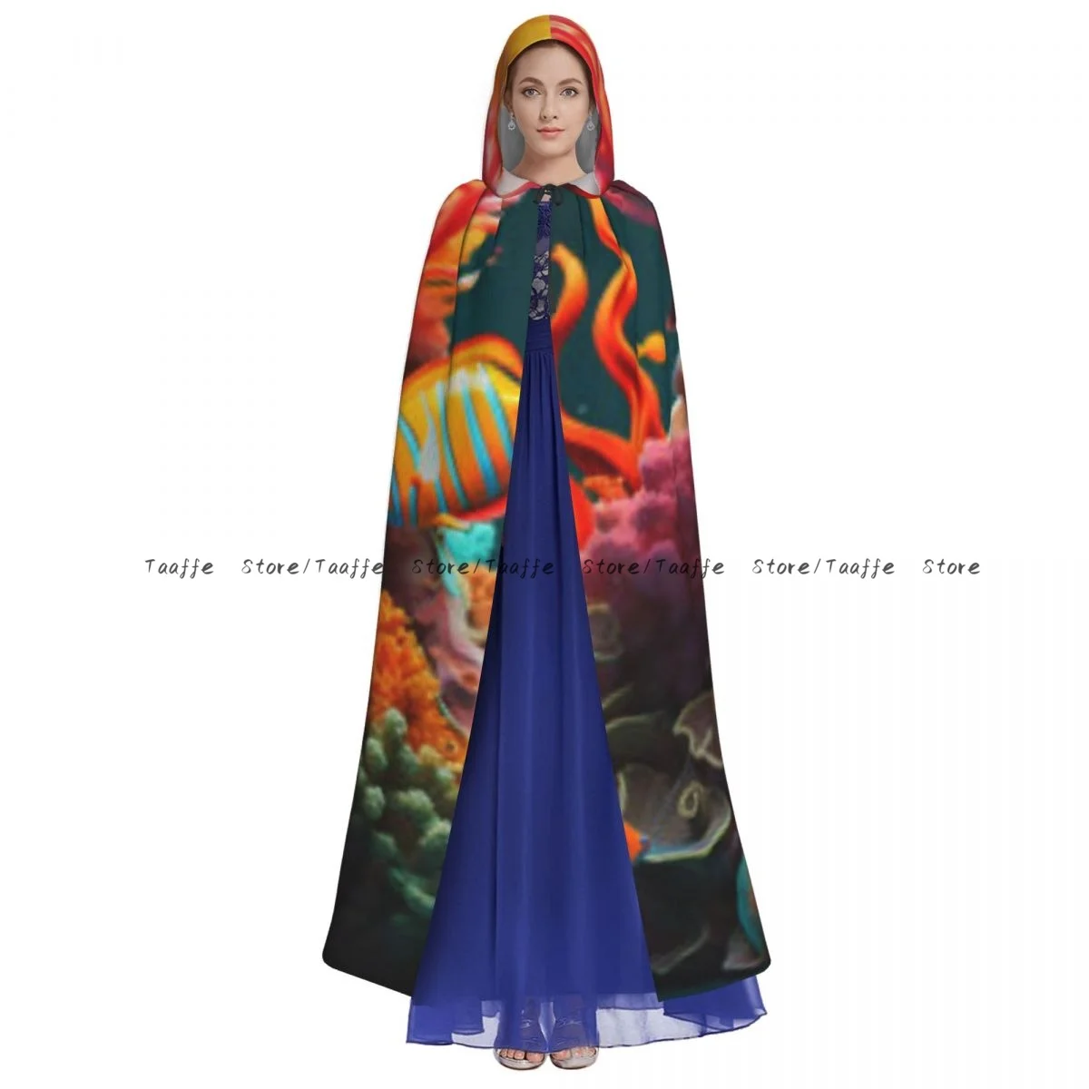 Underwater Scene With Coral Reef Tropical Fish Cloak Cape Hooded Medieval Costume Witch Wicca Vampire Costume Dress Coat