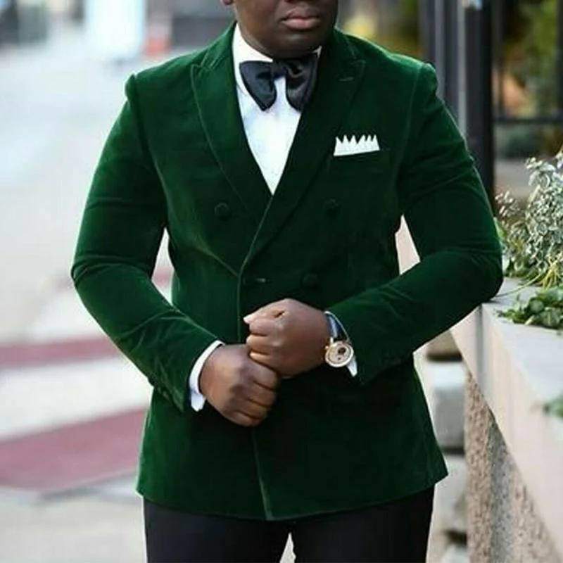 

Slim fit Men Suits for Wedding Groom Tuxedos with Double Breasted Dark Green Velvet Blazer Black Pants 2 Piece Male Fashion