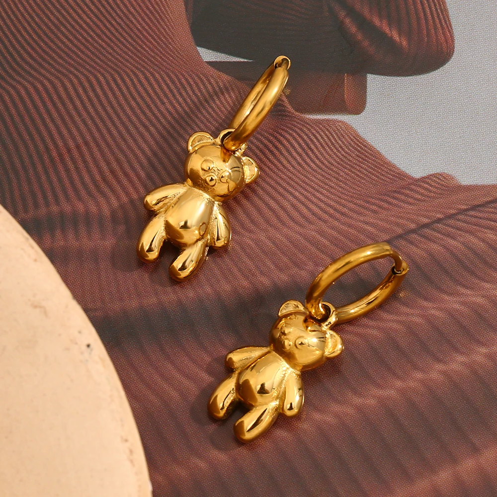 MamacitaSlay Lovely Little Bear Charm 14mm Hoops Hoop earrings 18K Gold Plated Waterproof luxury stainless steel jewelry