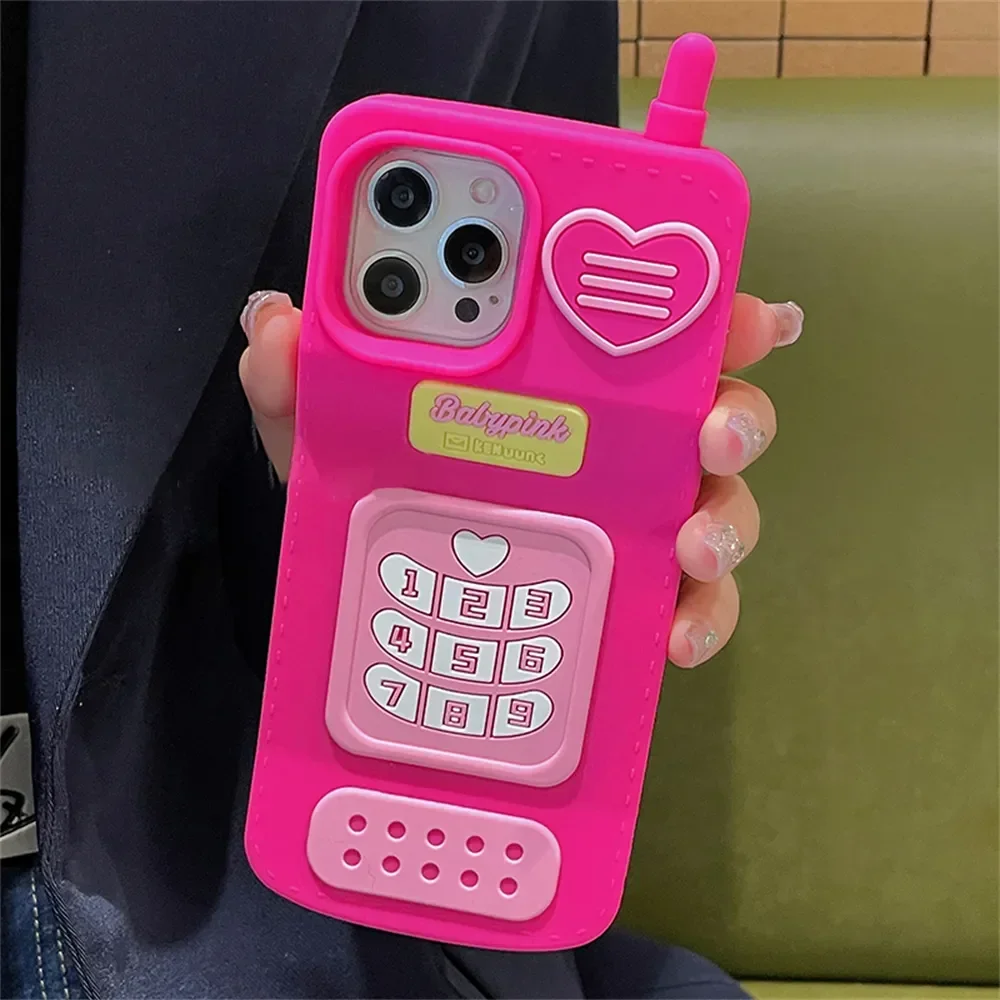 

2023 Korean Cute Cartoon 3D Hot Pink Cellphone Silicone Case For iPhone 15 14 13 12 Pro Max 11 Lovely Girl Shockproof Soft Cover
