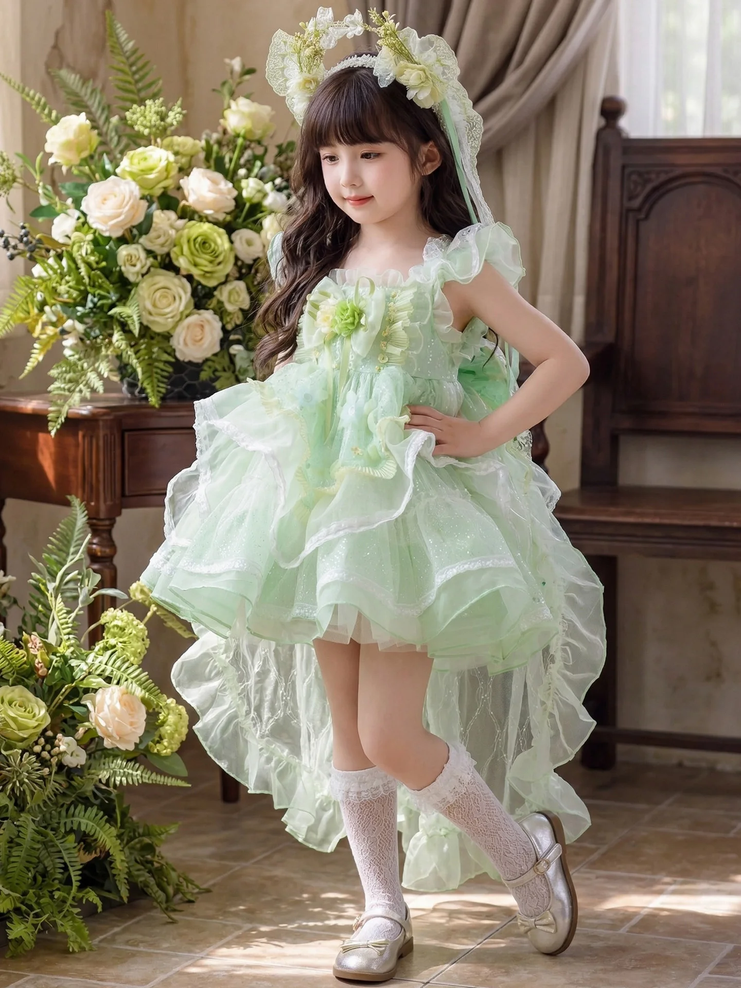 Vestido Lolita Verde de Conto de Fadas para Meninas com Laço, Estilo Princesa, Vestido de Festa de Aniversário, Saia de Algodão Macia e Confortável