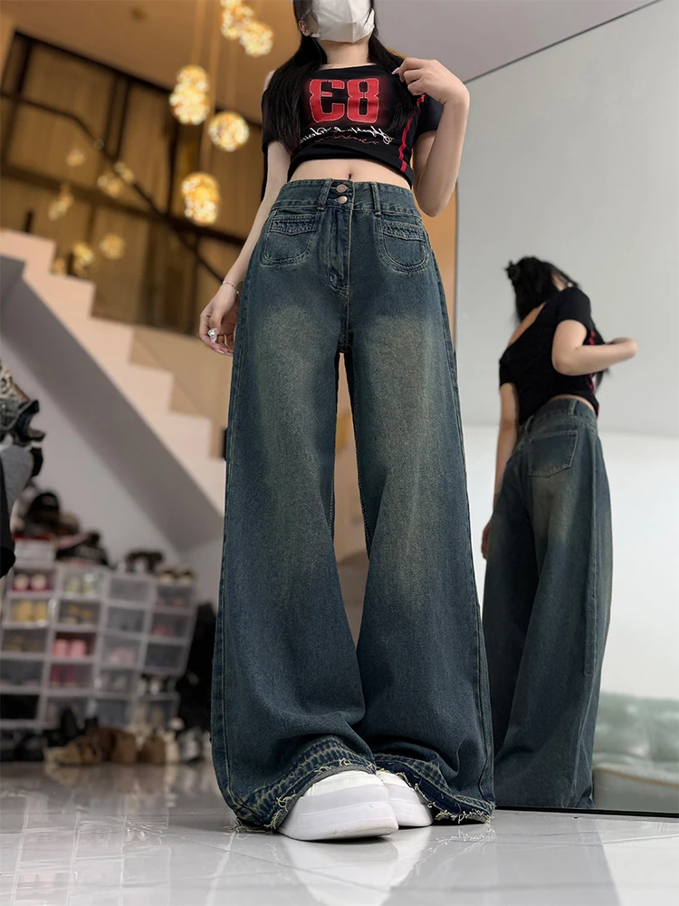 

Ретро-джинсы синего цвета с широкими штанинами для женщин, свободного кроя, с эффектом похудения, длинные брюки с высокой талией, на молнии, из смесового хлопка и денима, устойчивые к сминанию