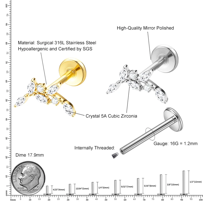 316L Stainless Steel Stud Earrings, 16G Flatback Labret Internally Thread Leaves Shaped CZ Nose Stud Lip Ring for Sensitive Ears