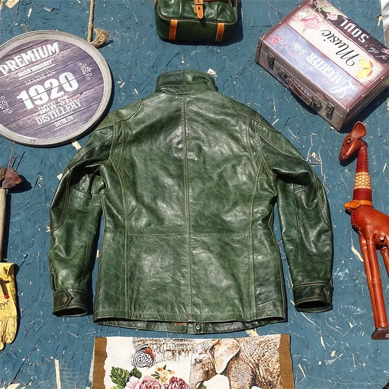 سترة من الجلد الطبيعي M65 باللون الأخضر العتيق على الطراز الأمريكي. معطف جلد الحصان عالي الجودة للرجال. قماش جلدي بمقاس كبير #2