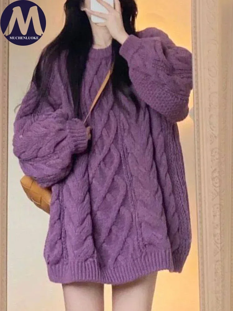 Women's Korean Fashion O Neck Knitted Sweaters Lazy Style Casual Loose Tops for Autumn Winter