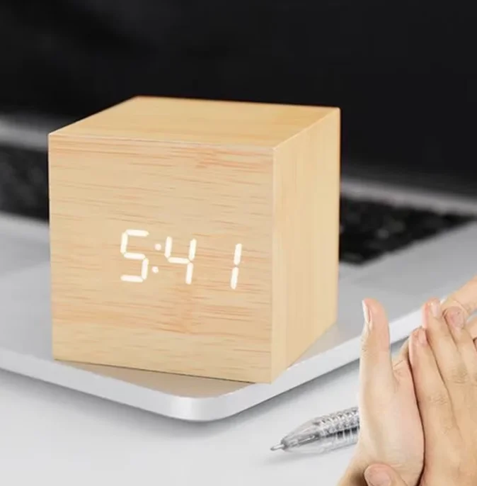 Retro Digital Wooden LED Alarm Clock with Voice Control And Snooze Function Wood Glow Desk Table Decor
