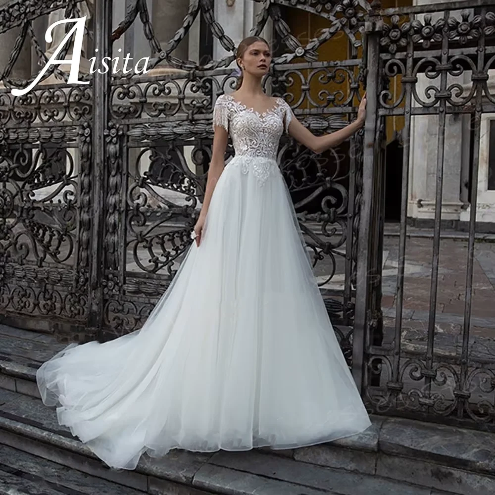 

Elegant A Line Wedding Dresses Customized Short Sleeves Lace Appliques Bride Gowns Button Illusion Beach Vestido De Noivas