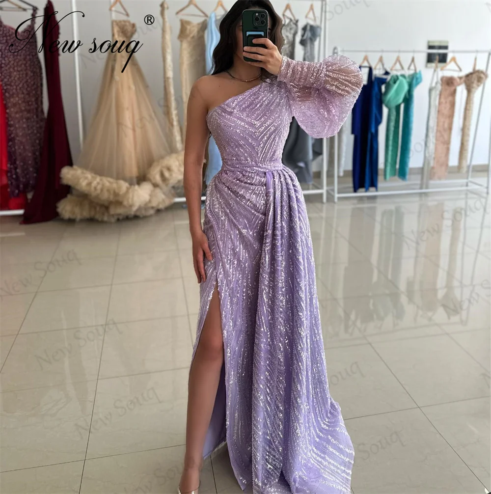 

Lilac Split Side Formal Evening Dresses One Shoulder Sequins Graduation Prom Dress With Skirt Custom Made Wedding Party Gowns