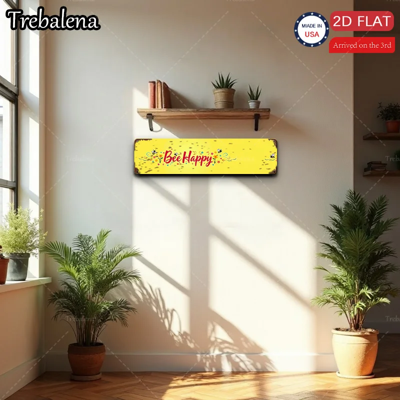 1 قطعة علامة معدنية، 4 × 16 بوصة "فن حائط مسطح Bee Happy 2D، علامة صفراء ريفية لديكور المنزل"