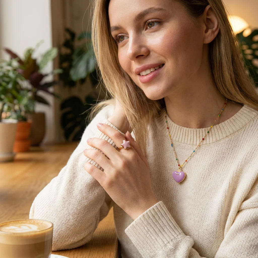 Niedlicher, herzförmiger, offener Bilderrahmen-Anhänger in Rosa, 14K vergoldete Messing-Halskette und Ring, geeignet für Frauen. – Detail 2