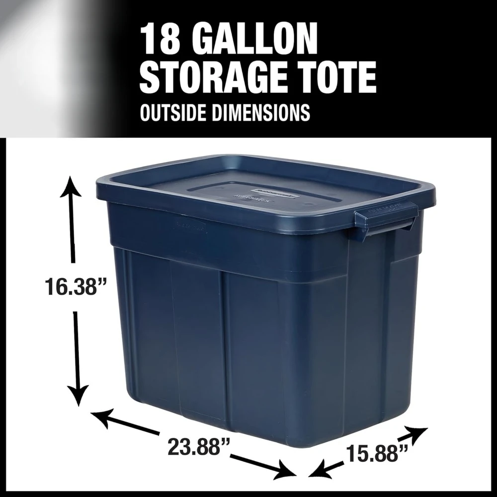 Roughneck Tote 18 Gal, 6 Pack, Made in USA, Dark Indigo Metallic, Rugged Plastic Stackable Storage Bins with Lids and Handles