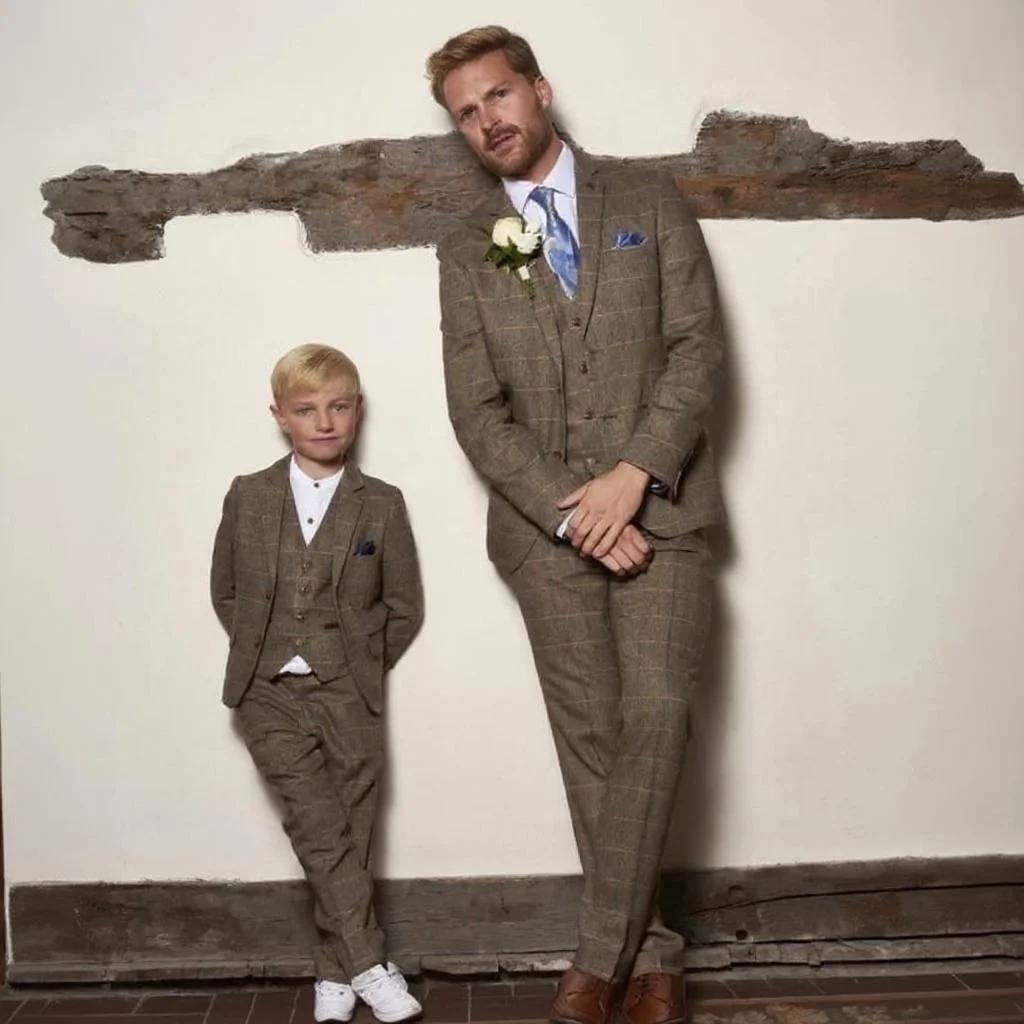 

Plaid Tweed Suits for Father and Son Sets 3 Pieces Wool Boy Suit Custom Made Family Matching Outfits Wedding Party Groom Tuxedo