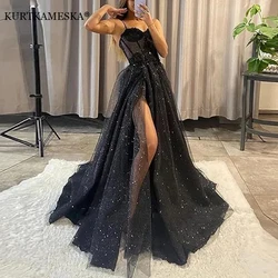 Sspaghetti Shiny Tulle Evening Dress 2023 Sexy Strap Llace Applique Party Dress A-line High Side Slit Formal Occasion Prom Gown