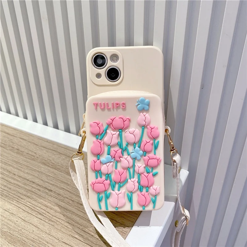 

Tulips Flower Zipper Wallet Holder Phone Case For iPhone 14 12 13 11 Pro XR X XS Max mini 6 6s 7 8 Plus SE 2020 Cover With Strap