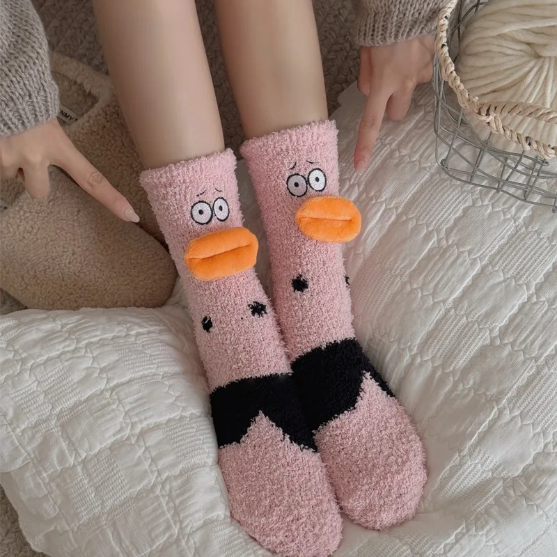 Coral Fleece Socks Creativity Cute Yet Ugly Funny Cartoon Mid-Calf Socks Thickened Sleeping Socks Home Floor Socks Winter