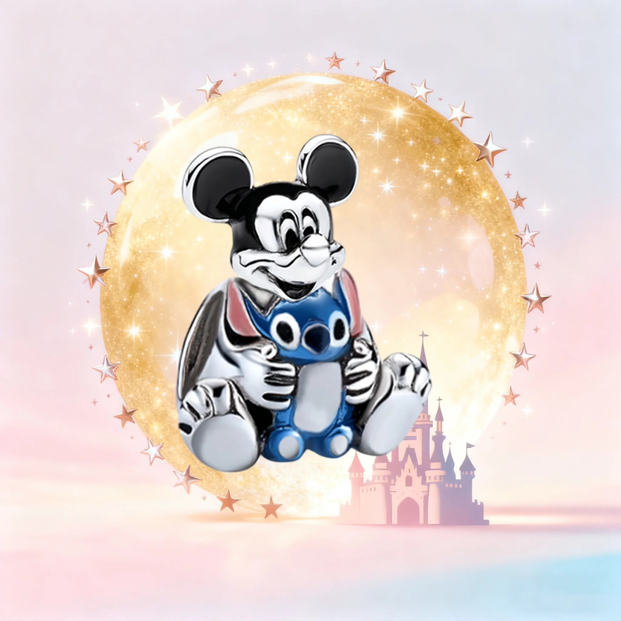 

S925 Серебряный Шарм Диснея Микки и Стич, бусина с кроссоверным дизайном, подходит для змеиной цепочки, ювелирный подарок для фанатов Диснея