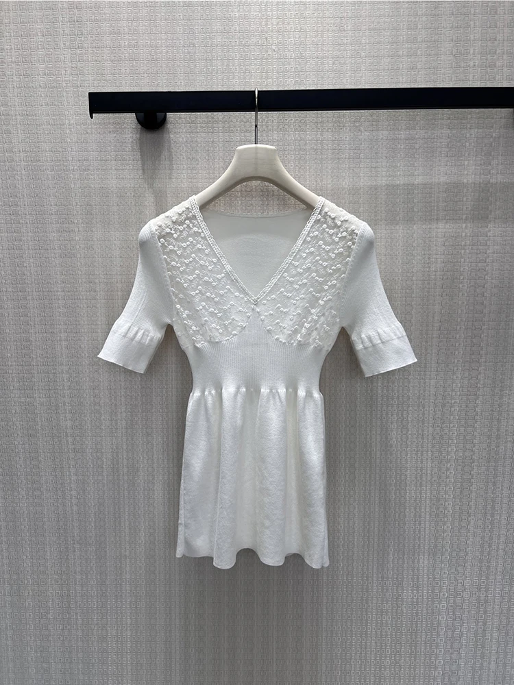 Spring Summer Fashion White Color Cotton Knitting Tops Women's Solid Color V-Neck Short Skirt Elastic Waist Slim Top