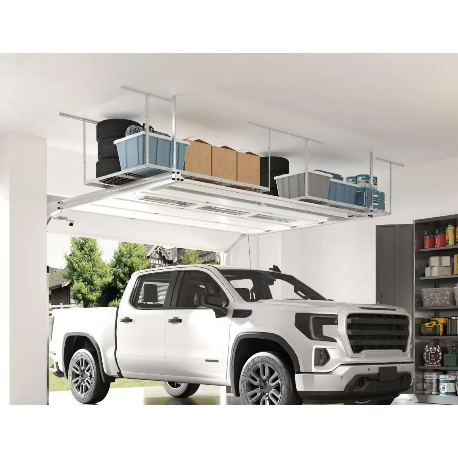 4x6 Overhead Garage Storage Adjustable Ceiling Rack 72" Length x 48" Width x 40" Height, 450lbs Weight Capacity, White