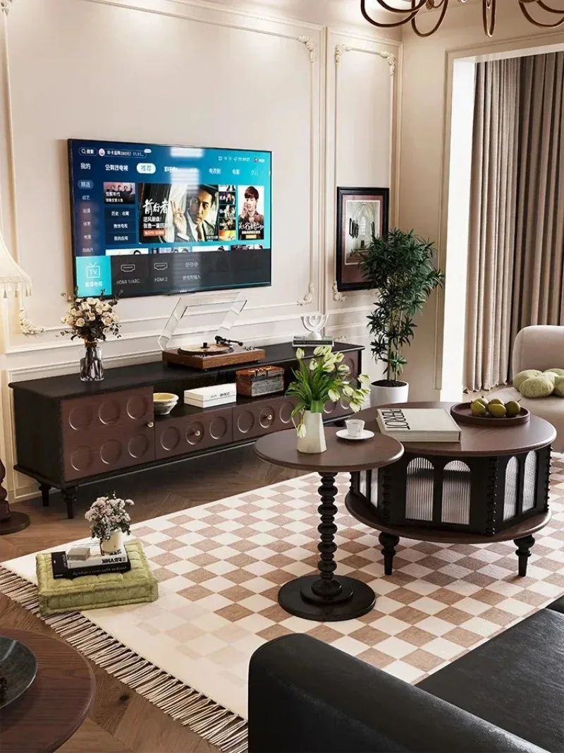 Móvel de TV retrô francês totalmente em madeira maciça preto